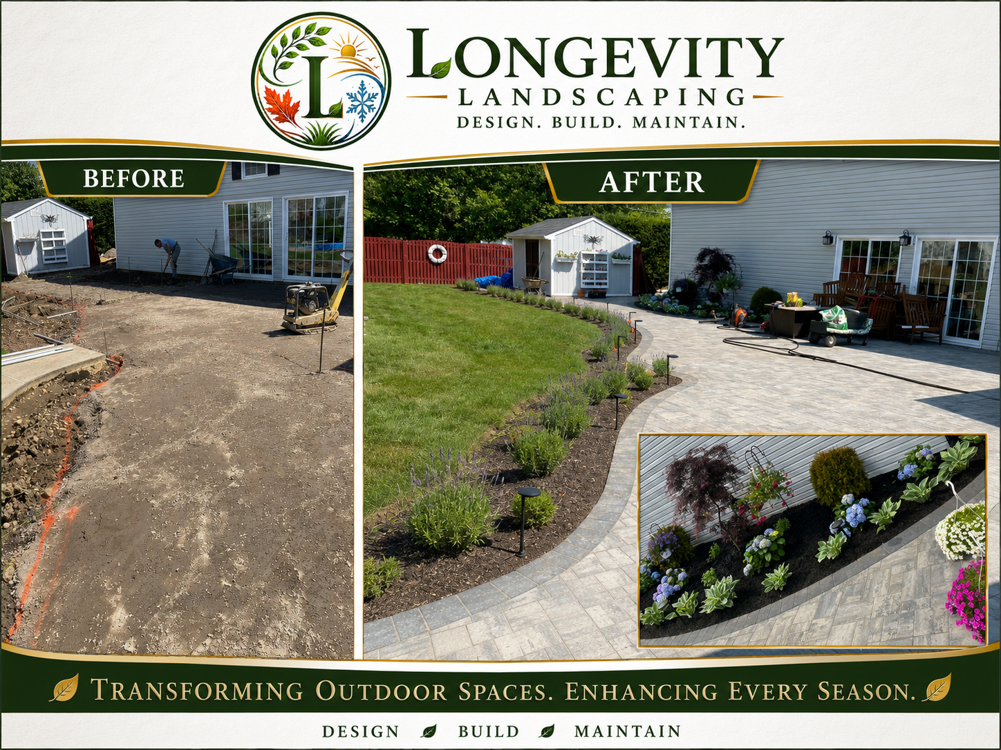 EP Henry patio with dark accent boarder complimented bycustom curved flowerbeds